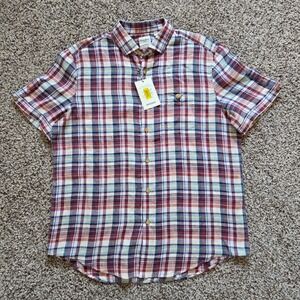 Baird McNutt NWT Murano 100% Linen Button Up Shirt Mens Lg Plaid Short Sleeves